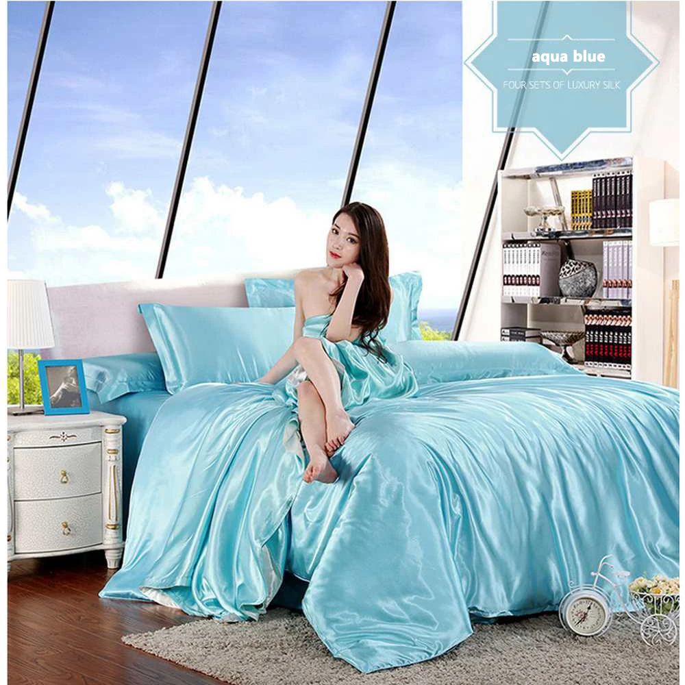 

Hot Ice Silk 1.8M Four-piece Single Double Double Silk Bed Quilt Cover Silk Bedding Home Textile Extra Large Bedding Package