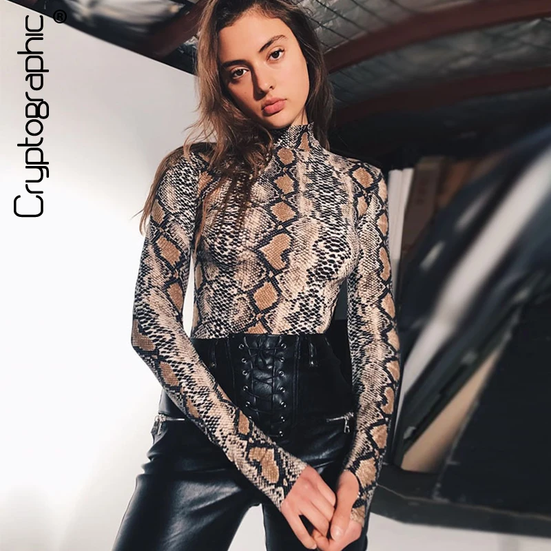 

Cryptographic turtleneck sexy bodysuit snake skin print bodycon women jumpsuit romper body 2017 autumn catsuit long sleeve tops