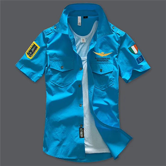 Men Casual Cotton Military Style Short Sleeve Slim Shirt Lapel Button Shirt Fashion Clothing Comfort Plus Size 4XL 5XL 6XL,12001 - Цвет: 12002 sky blue