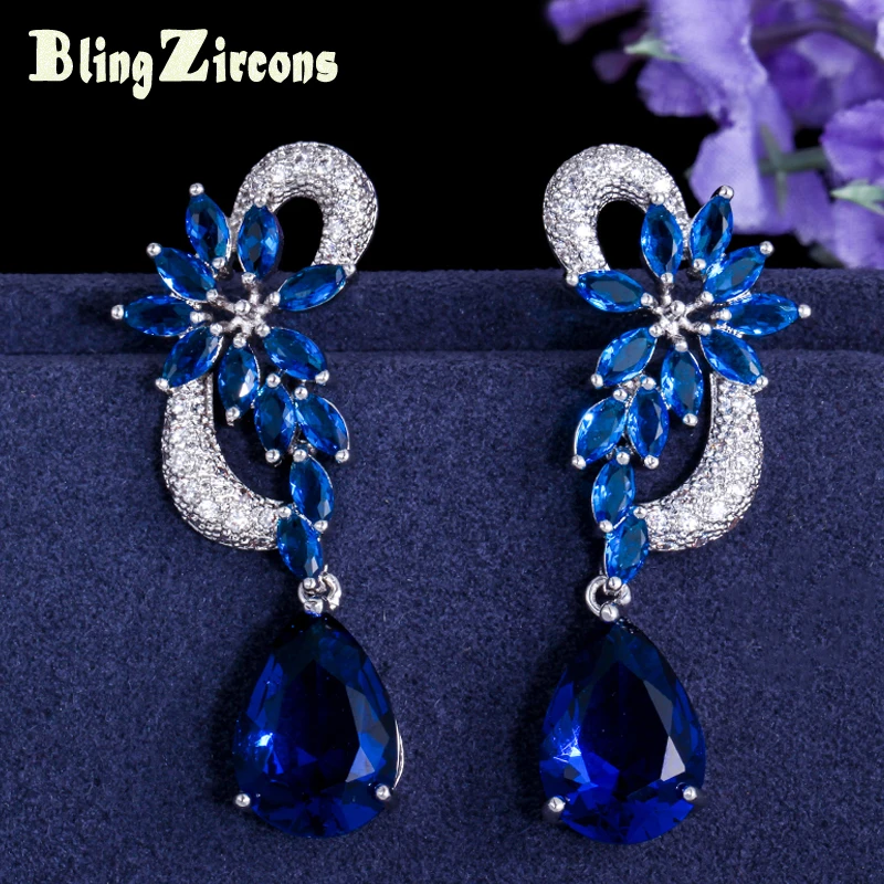 

BeaQueen Dreamlike Royal Party Jewelry Long Tear Drop Dark Blue CZ Stone Bridal Crystal Wedding Earrings for Women E126