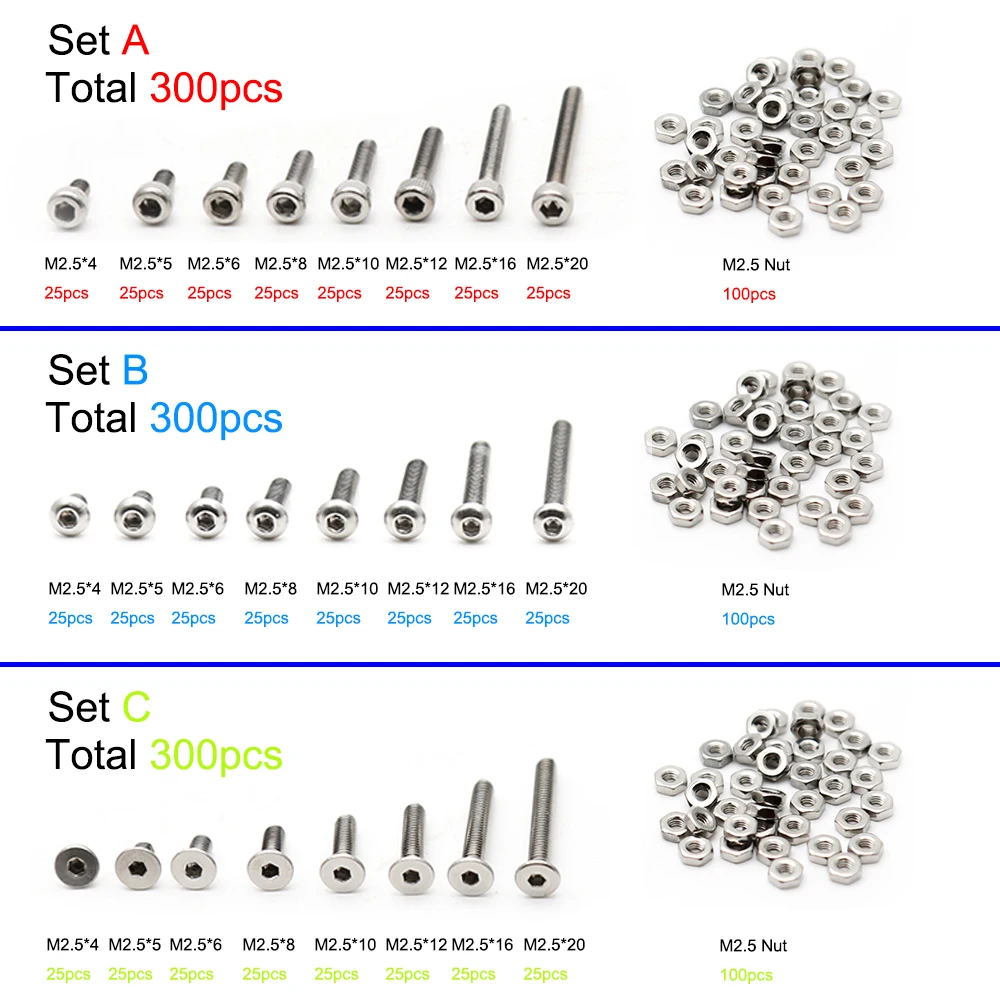 300pcs M2.5(2.5mm) A2 Stainless Steel Allen Bolts With Hex Nuts Screw Assortment