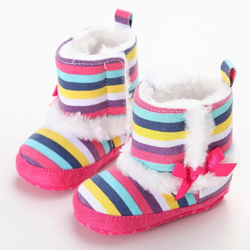 Новорожденный ребенок Цвета шерстяное Полосатое платье для новорожденных хлопковая обувь с мягкими вставками ботинки для зимы и снега