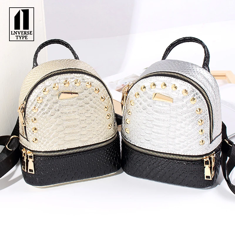 

women backpack Crocodile pattern leather school bags for teenager girls stone sequined female preppy style small backpack 3color