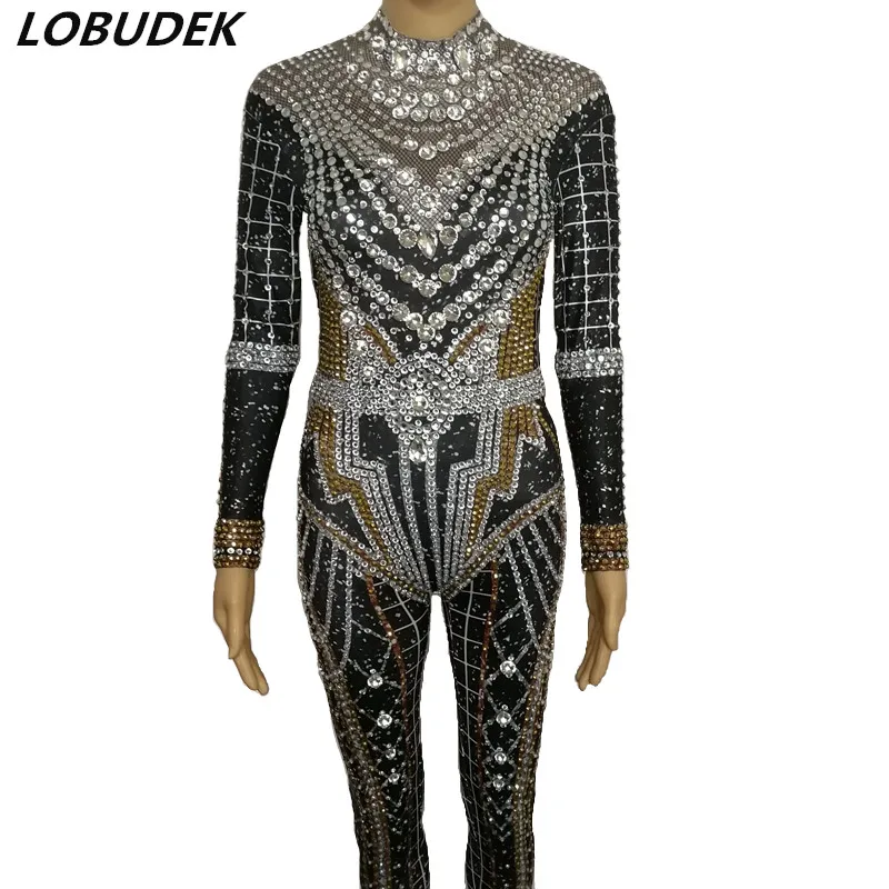 New Trendy Women Sexy Rhinestones Printed Skinny Jumpsuit High Street Performance Dance Costume Bar Club Show Stage Wear