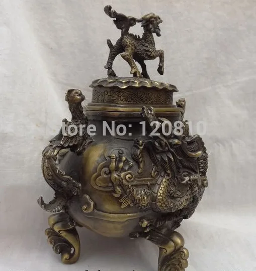 

10" Chinese Bronze Dragon 2 Phenix Lion Statue Old Tibet Incense Burner Censer