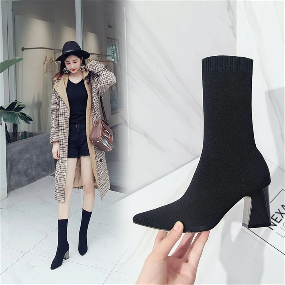 

2018 European street popular knee-high boots Thick with high knitting fashion female boots weak force cloth