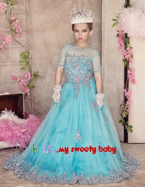Cheap Little Girls Dress Crew Neckline Tulle Short Sleeve Blue Crystal Beading Sequins Appliques Little Girls Pageant Dresses Princess