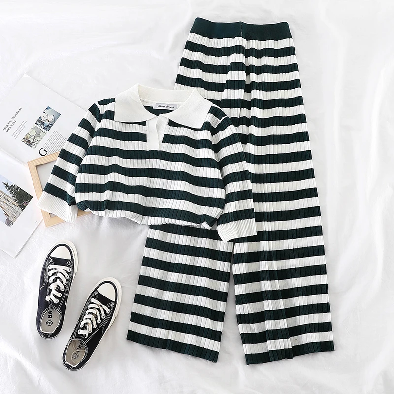 

2019 autumn new product set striped sweater shirt wide leg casual nine pants two sets of women's clothing