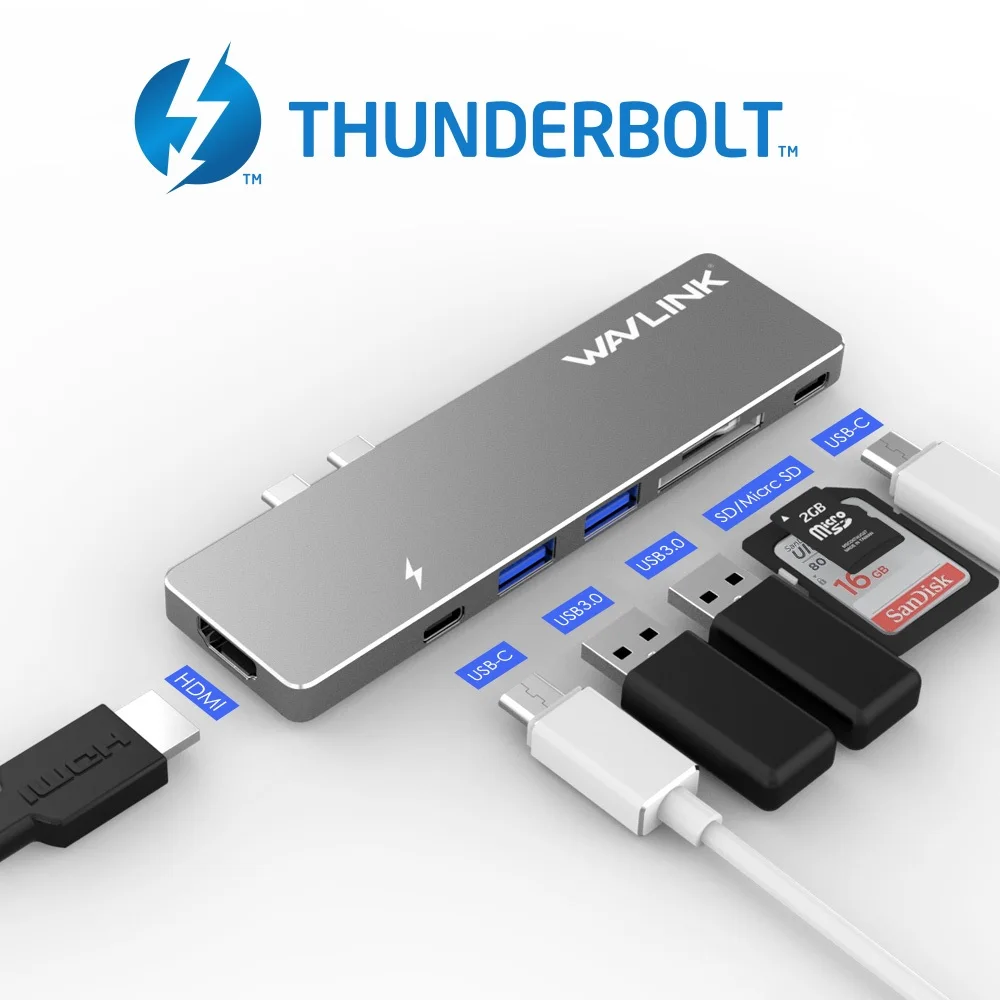 

Wavlink Dual Port USB C Hub Adapter 40Gbps Dock SD/Micro card Reader 4K HDMI Type C USB 3.0 hub Aluminum for MacBook 13"15" Pro