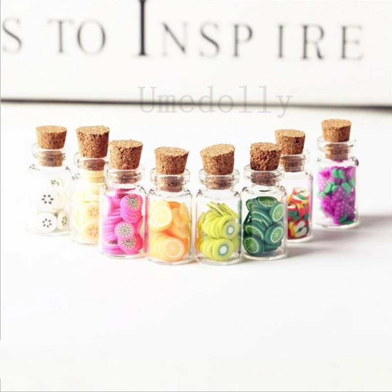 

2PCS Cute Mini Wooden Stopper and Fruit Slice Glass Bottle 1/12 Dollhouse Minaiture Play Kitchen Food for Doll Toy