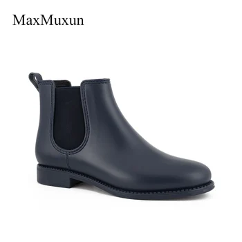 

MaxMuxun Rain Boots Women Waterproof Rubber Ankle Boots Low Heels Slip On Casual Platform Rainboots Ladies Shoes