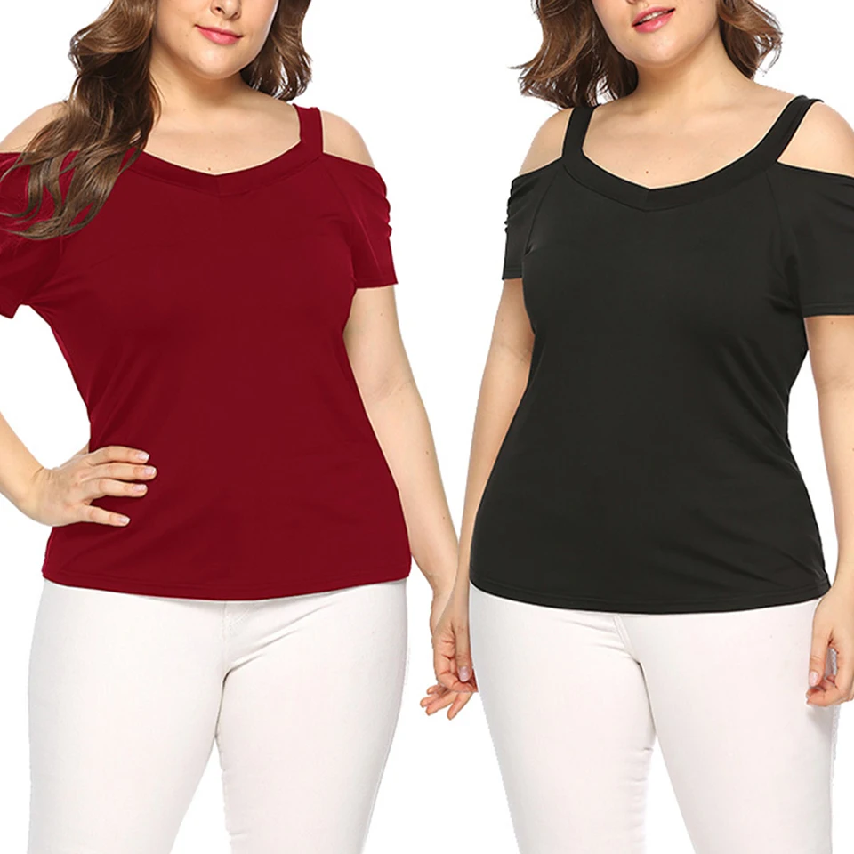

Cold Shoulder Shirt Solid Color Vetement Femme 2019 Oversized Plain Tee Shirt 4xl Women Clothing Deep V Neck T Shirt Lace Up Top