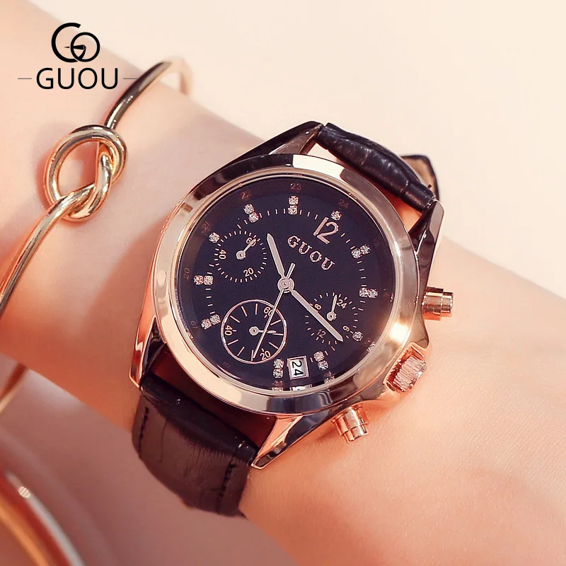 

2016 New Fashion GUOU Crystal Rose Gold Genuine Leather Quartz Wrist Watch Wristwatches for Women Ladies Girls Black White OP001