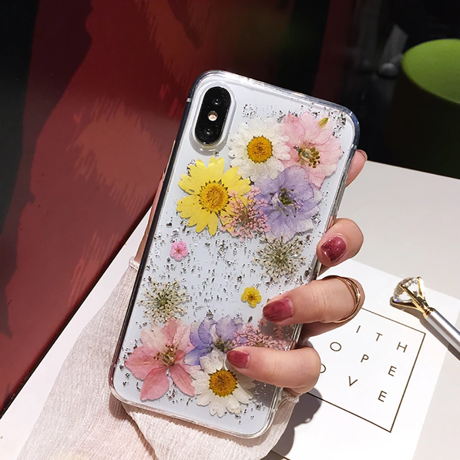 Dried Flower Silver foil Clear Phone Cases For iPhone 13 12 11 Pro Max XS Max XR X 6S 7 8 Plus SE Soft Silicone Cover Cute Uk Luxury Boho