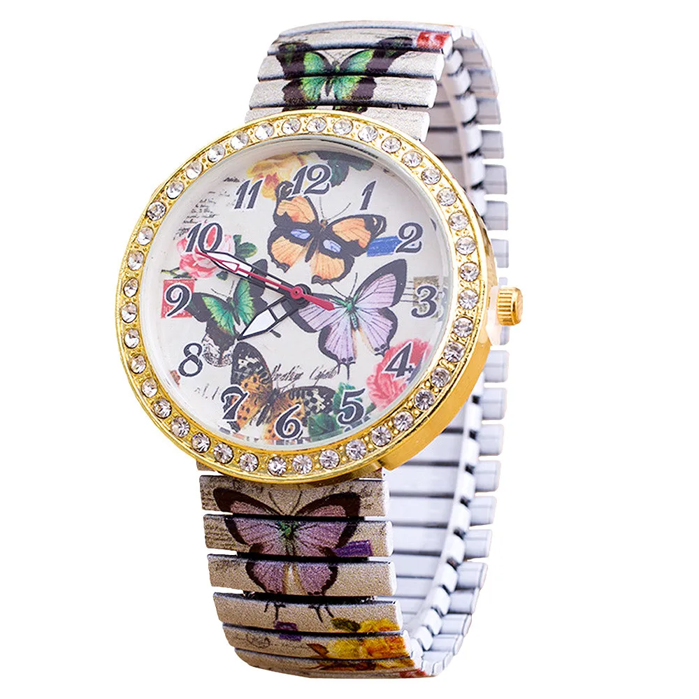 Роскошные модные женские часы эластичность бабочка термоусадочная печать горный хрусталь браслет полный нержавеющая сталь Ремешок кварцевые наручные часы