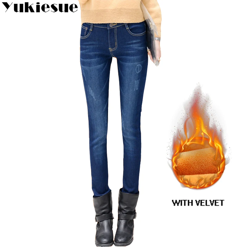 Винтажные джинсы для женщин с высокой талией узкие зимние теплые флисовые узкие брюки джинсы женские большие размеры