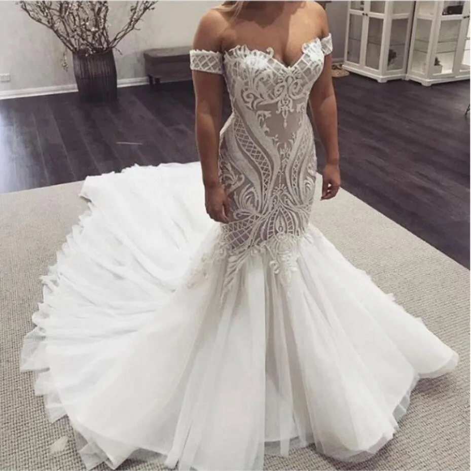 

White Ivory Sexy Lace Mermaid Wedding Dress Off the Shoulder Short Sleeve Muslim Arabic Boho Sofuge Vestido De Noiva