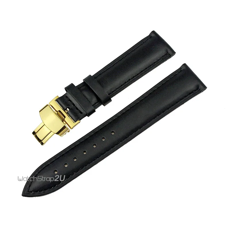 

Black Smooth Matt Leather Watch Band Strap Gold Butterfly Deployment Clasp 18mm,20mm,22mm,24mm,26mm