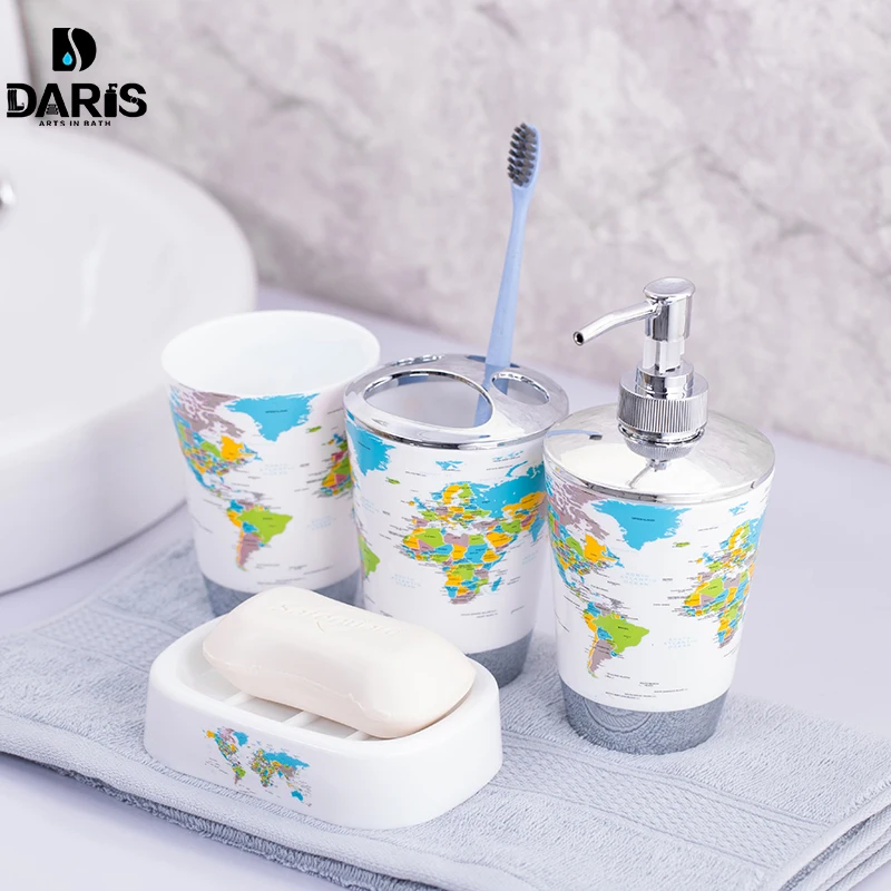 Billige SDARISB 100% Kunststoff Bad Zubehör set 4 Stücke Badeset Geschenk Inlcude Zahnbürstenhalter Set Tumbler Seifenschale Seifenspender