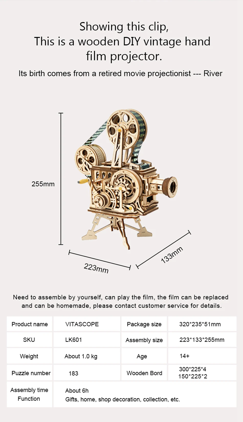 Robud, новинка, сделай сам, 3D деревянная головоломка, винтажный кинопроектор, механическая модель, строительные наборы, деревянные игрушки для детей, LK601