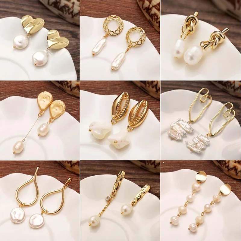 

Bohemian Mixed Design Gold Geometric Irregular Natural Circle Square Freshwater Pearl Beads Drop Earrings for Women Girl Gift