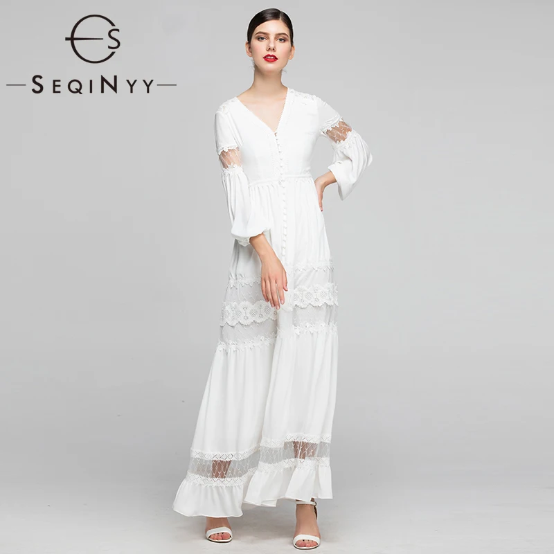 

SEQINYY Chiffon Dress Beading 2019 Summer Spring New Fashion Design 3/4 Sleeve Mesh Hollow out Lace A-line Long Dress Elegant