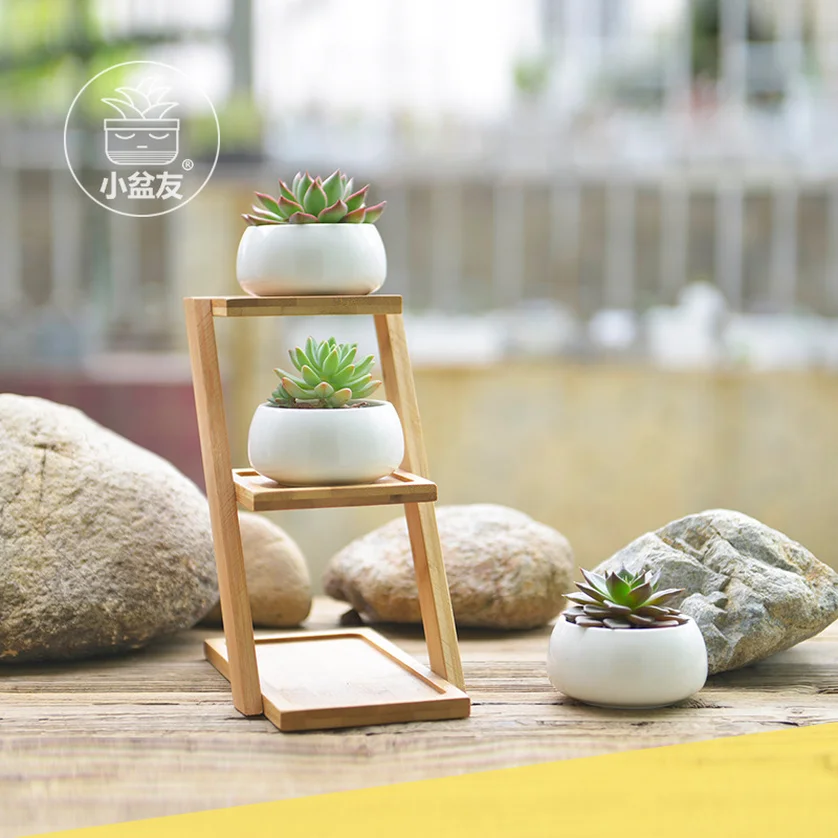 

2019 Creative White Succulent Plant Flower Pot Holder Ceramic Decorative oblate Flower Pot & Three-layer Bamboo Shelf Pot Set