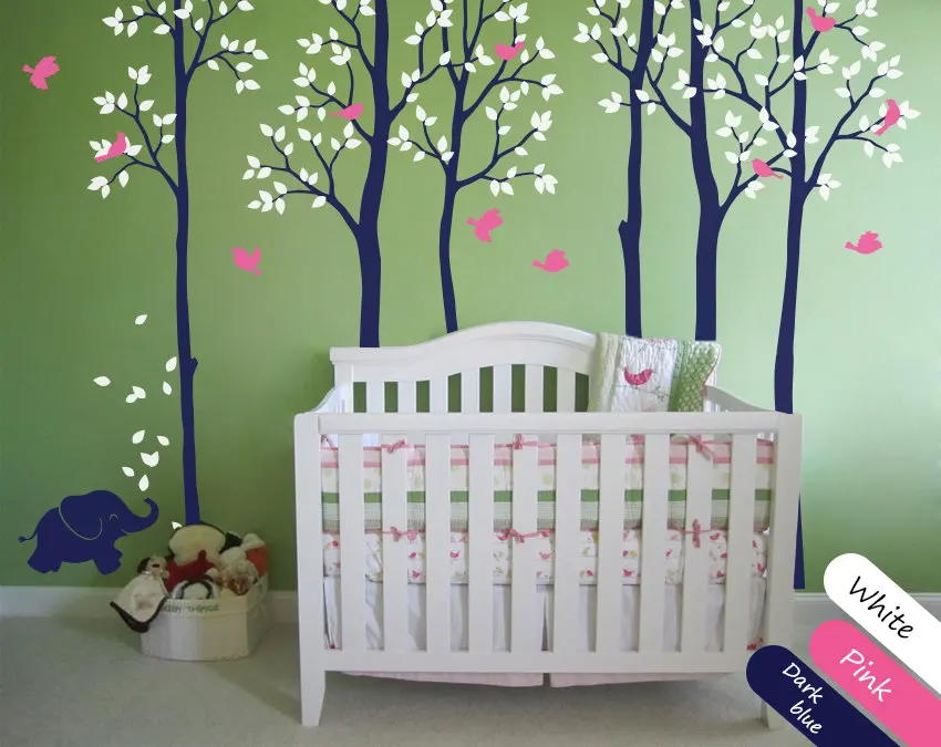 

Morden Style Kids Nursery Bedroom Lovely Decorative Tree Wall Sticker Baby Decal Tree With Cute Elephant Birds Vinyl Mural T-2