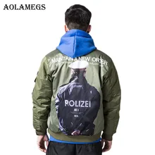 Aolamegs Parka Men Polizei Print Thick MA-1 Winter Jackets Mens Down Jacket Hip Hop Hooded Collar Windproof Couple Coat Mens