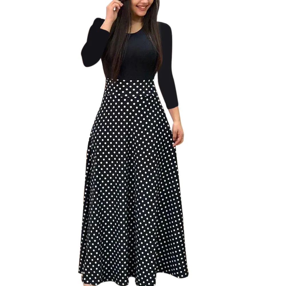 

Elegant Polka Dot Women Maxi Dress Ladies Round Neck Party Long Dress 2019 Spring Dress Robe