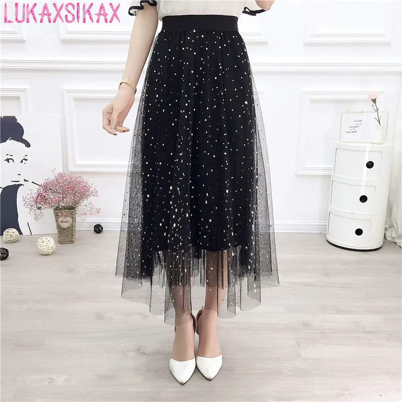 

New Arrival 2019 Spring Summer Women Skirt Korean Style Sequined Mesh Tulle Skirt Pleated Big Hem Long Skirt Falda Tul