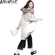 Новое поступление корейский стиль зимние пальто большой меховой воротник с капюшоном Для женщин Пуховики и парки для мужчин женский длинный тонкий Duck Подпушка пальто casaco st440