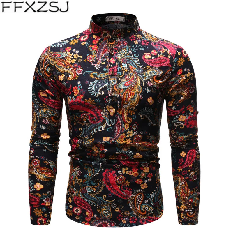 

FFXZSJ national style high quality autumn print long sleeve casual men's linen shirt stand collar flower shirt European size