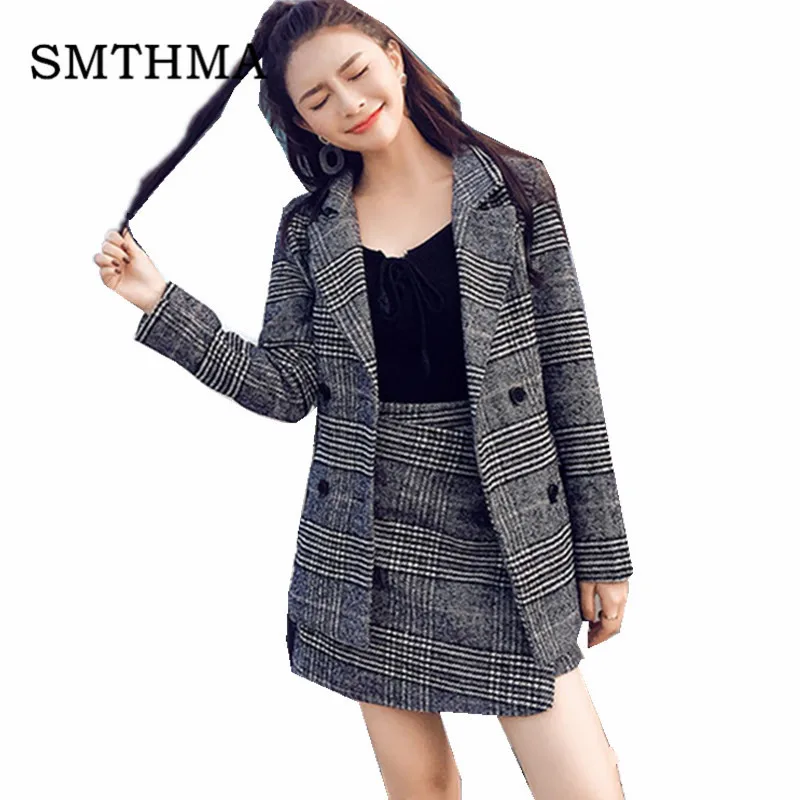 SMTHMA winter Runway Fashion Women Business Plaid tweed Jacket Coat Suits+2 piece women skirt suit - Цвет: Photo Color