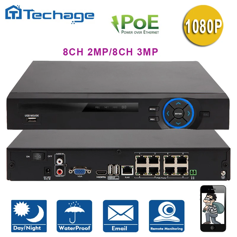  Techage Genuine 48V 8CH 1080P POE NVR DVR CCTV System XMEYE P2P ONVIF Real Time Network Recorder Full 2MP/3MP POE for IP Camera 
