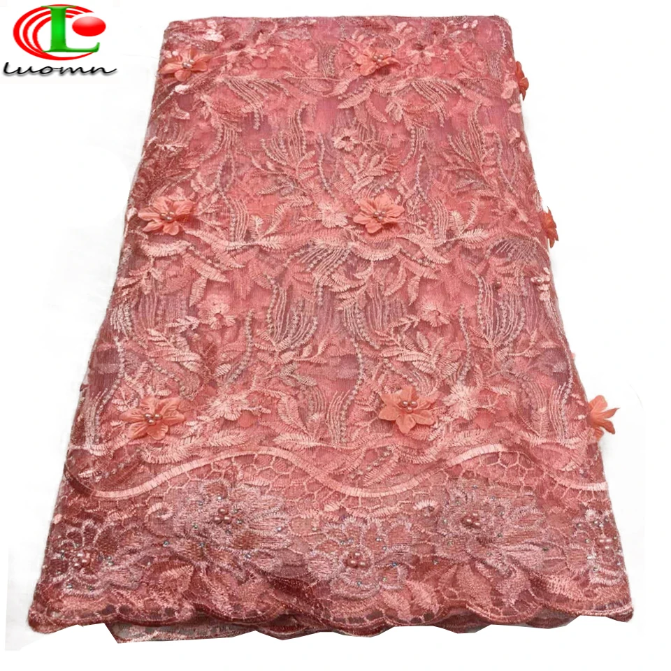 

Peach Lace Fabric 2018 High Quality African Evening Dress Fabrics New Nigeria beades Embroidered Mesh Net Lace Fabric