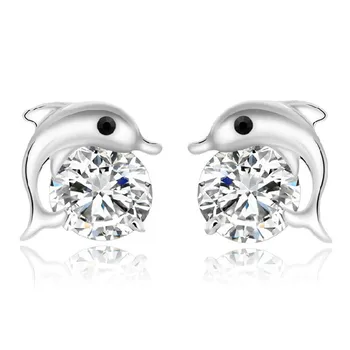 

Wholesale 925 sterling silver fashion shiny crystal dolphin animal ladies stud earrings jewelry female gift Anti allergy cheap
