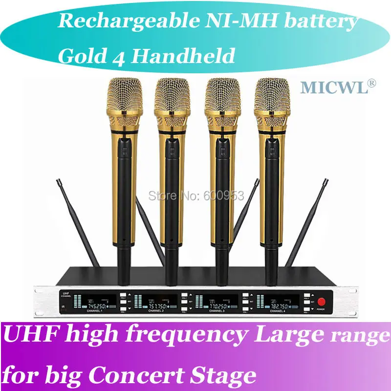 

MICWL SP4 Charge NI-MH battery Radio Wireless DJ & Karaoke Microphone System High-End Gold 4 Handheld UHF LED digital