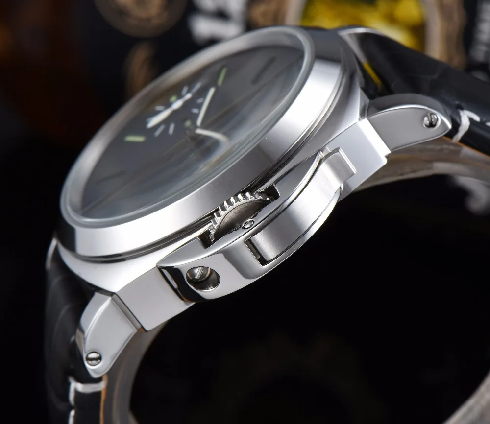 44 мм Мода ручной работы часы с автоподзаводом мужские часы черный циферблат белого цвета с корпусом из нержавеющей стали и чёрным кожаным ремешком, мужские механические A3-3