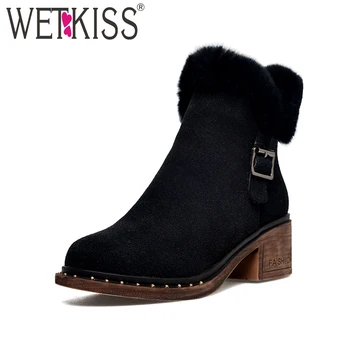 

WETKISS Super Keep Warm Winter Bootie Black Plush Ankle Boots Thick Heel Snow Shoes Belt Buckle Casual Faux Fur Snow Boots Hot