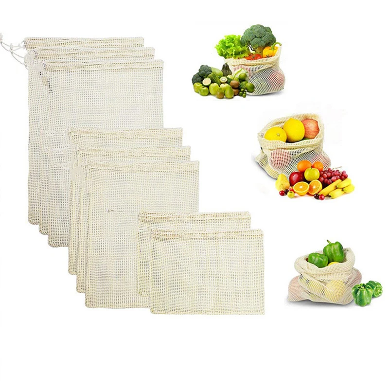

Reusable Cotton Vegetable Bags Home Kitchen Fruit And Vegetable Storage Mesh Bags With Drawstring Machine Washable