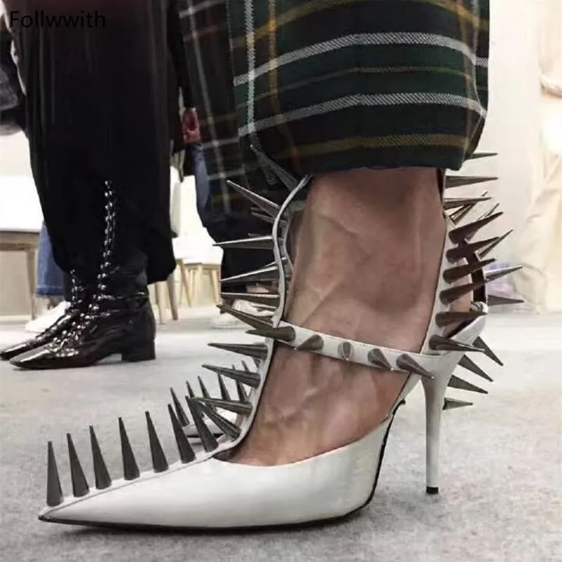 

2018 Follwwith Luxury Brand Spiked Leather T-Strap Pumps Black White Red Sandals Gladiator High Heels Pointed Toe Rivets Woman