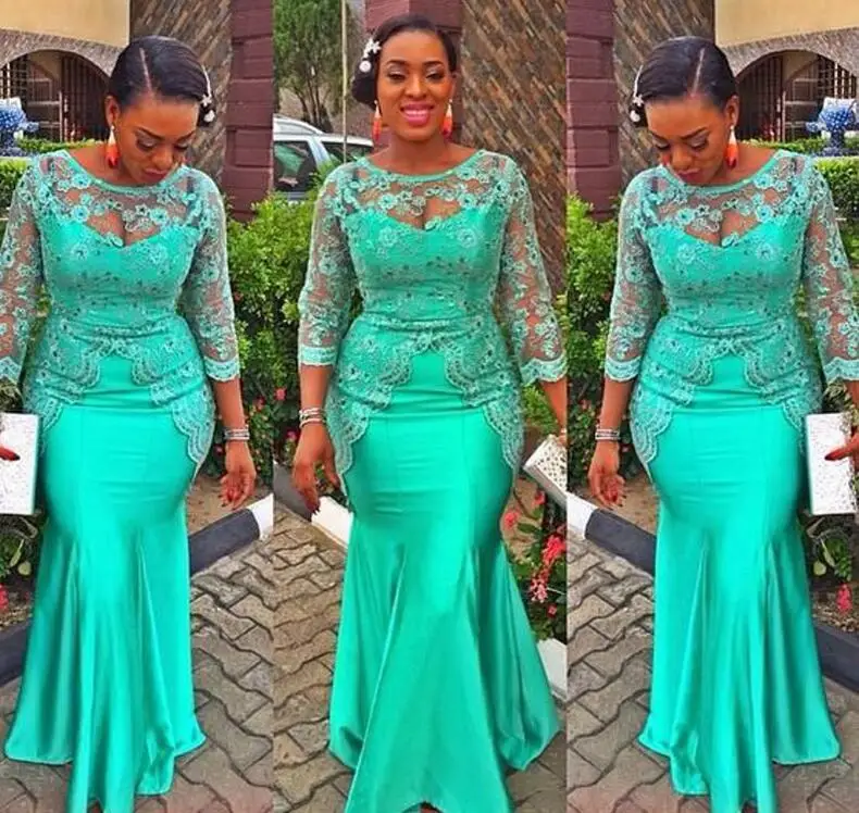 Бирюзовое платье в африканском стиле, кружевное платье Русалочки, нигерийское платье с длинными рукавами для выпускного вечера, Aso Ebi стиль, вечерние платья большого размера - Цвет: Зеленый