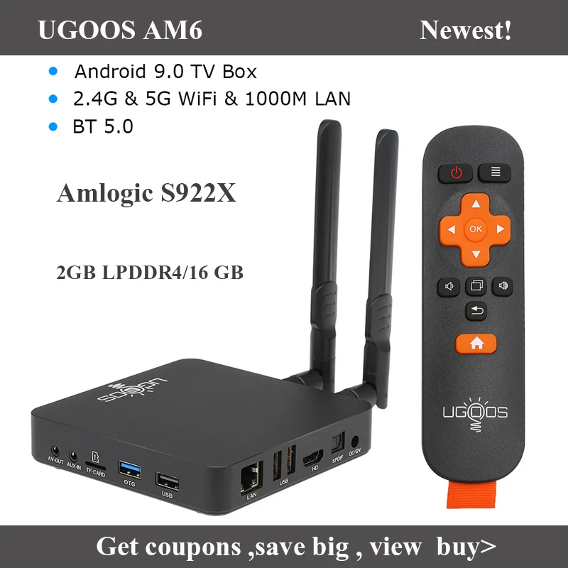 

UGOOS AM6 TV Box Smart Android 9.0 Amlogic S922X 2GB LPDDR4/16GB 2.4G/5G WiFi BT 5.0 4K HD Media Player Box Android Up UGOOS AM3