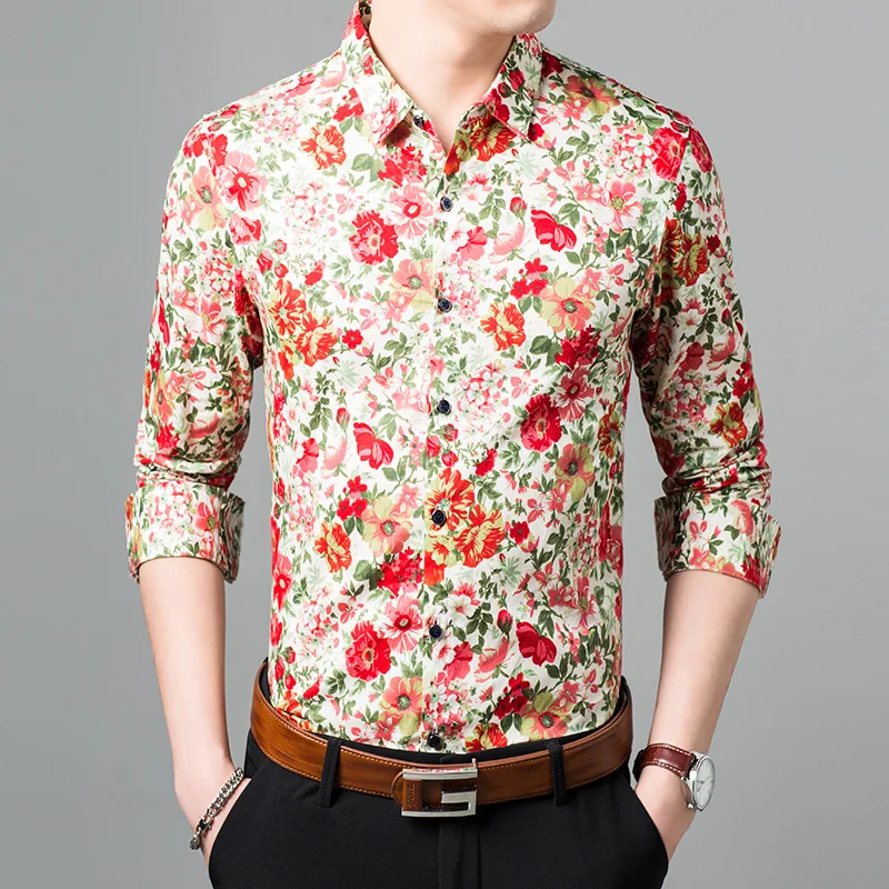 High quality mens flowers printing pure cotton shirt long sleeve male