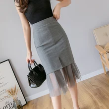 Женская юбка-карандаш летняя Высокая талия сетка пэчворк Русалка Сплит Однотонная юбка облегающая Сексуальная элегантная стрейч-юбки плюс размер