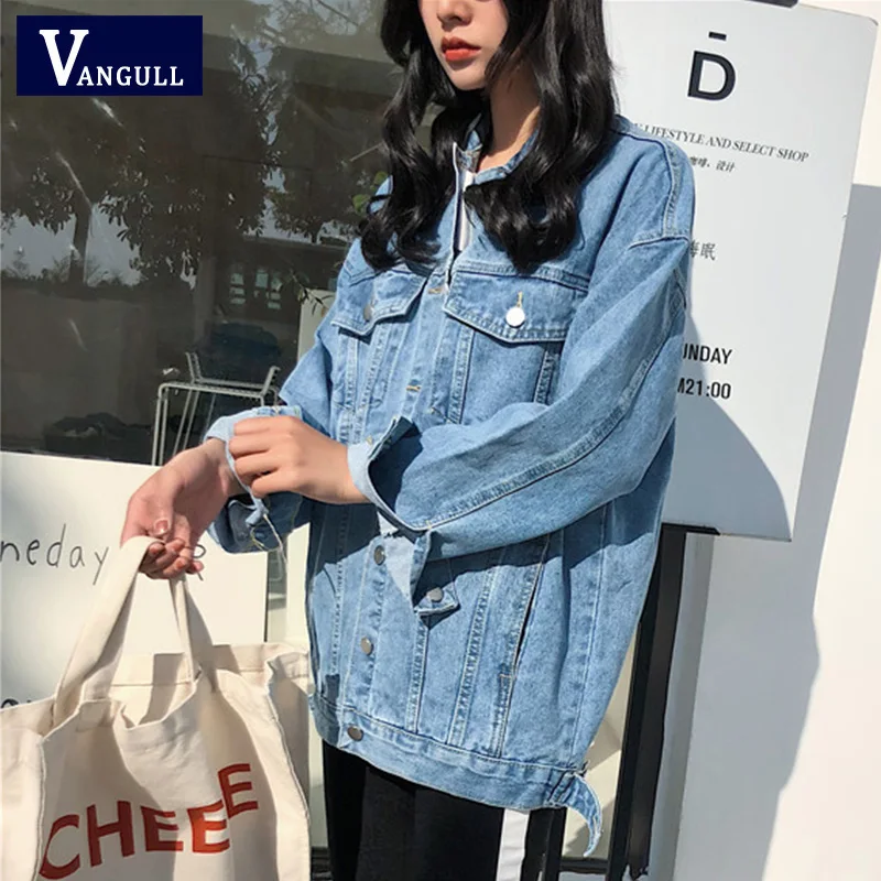 buy  Vangull 2019 Solid Turn-down Collar Jean Jacket for Women Loose Casual Blue Fashion Women Coats Fem