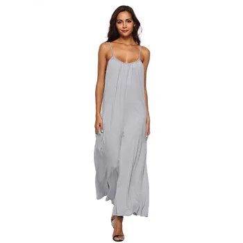 

Trendy Women Loose Strap solid Gray Summer backless Jumpsuit V-neck sleeveless Romper one pieces