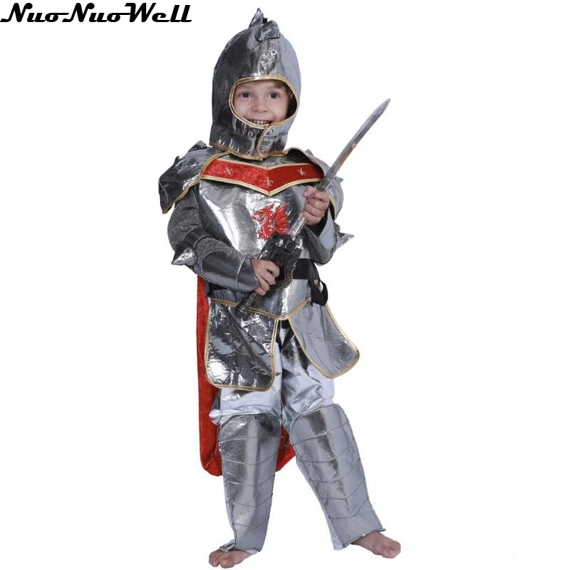 Kids Silvery Crusade Knight Warrior Medieval Halloween Carnival Party Fantasy Costume For Boy's Cosplay Fantasia Suit with hat |