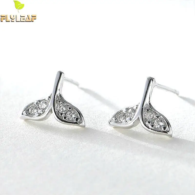 

Flyleaf 100% 925 Sterling Silver Cubic Zirconia Fish Tail Stud Earrings For Women Fashion Party Jewelry